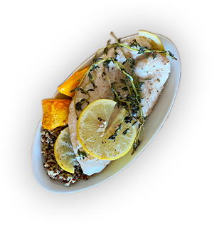 Lemon and thyme barramundi with quinoa.